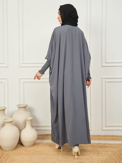 Nabia Grey Free Size Kaftan Abaya With Black Georgette Scarf