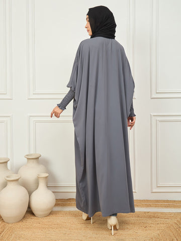 Nabia Grey Free Size Kaftan Abaya With Black Georgette Scarf