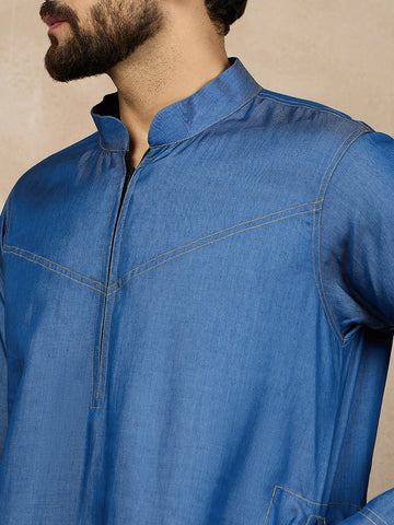 Nabia Blue Solid Zip Closure Denim Jubba / Thobe For Men