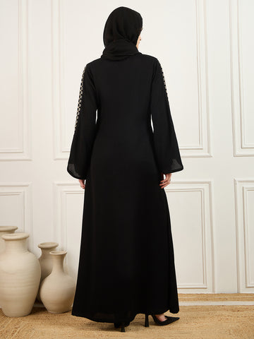 Nabia Embroidery Detailing Abaya Burqa in Black With Matching Georgette Hijab