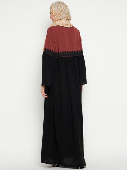 Nabia Lace Abaya Burqa -Black and Rust  with Black Georgette Scarf