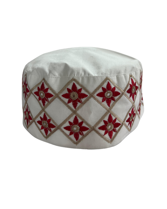 White Cotton Embroidered Kufi Cap