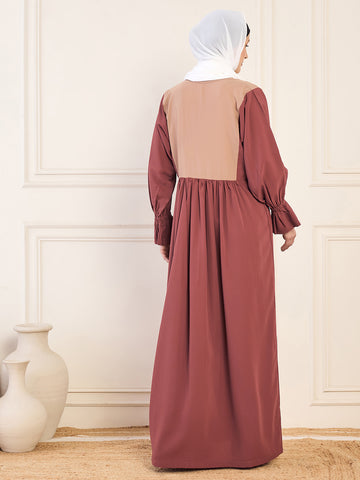 Nabia Rust and Beige Two Color Abaya Burqa With White Georgette Hijab