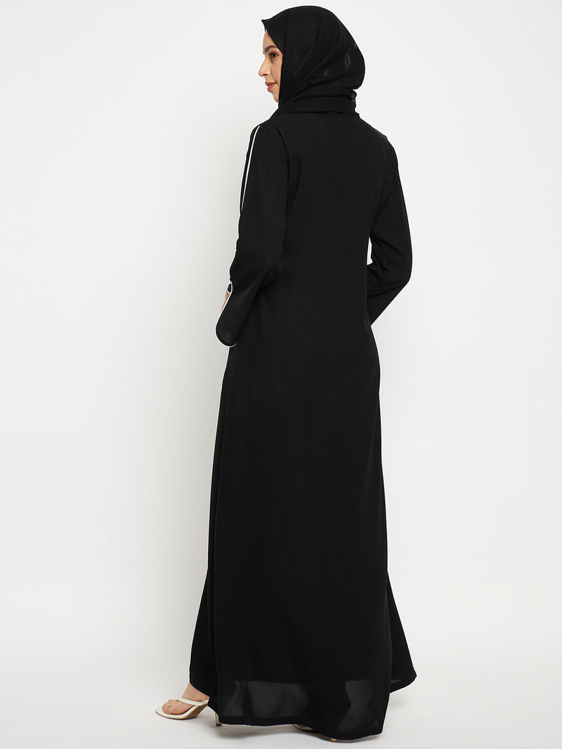 Nabia Women Black Solid White Piping Design A-line Abaya Burqa With Black Scarf
