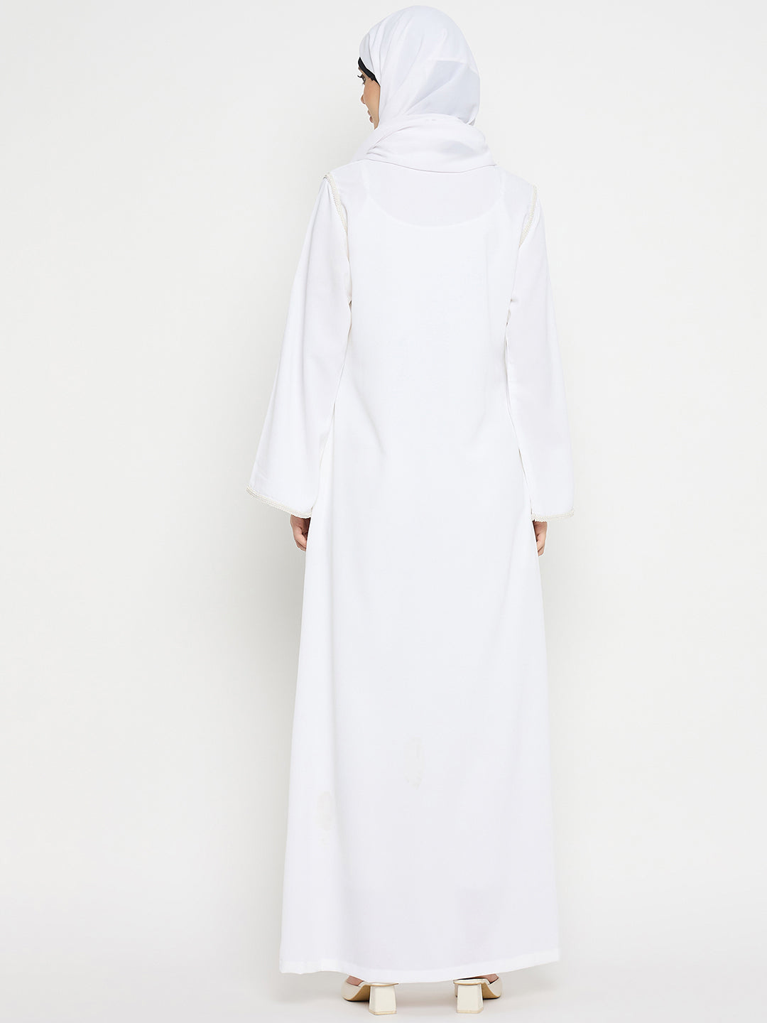White Solid Embroidery Abaya Burqa For Women With Black Hijab