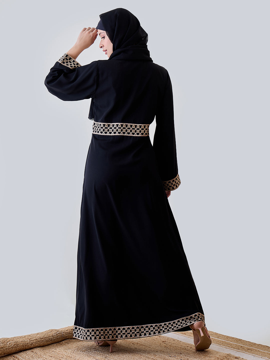 Embroidered Bell Sleeves Black Abaya Burqa With Black Georgette Hijab