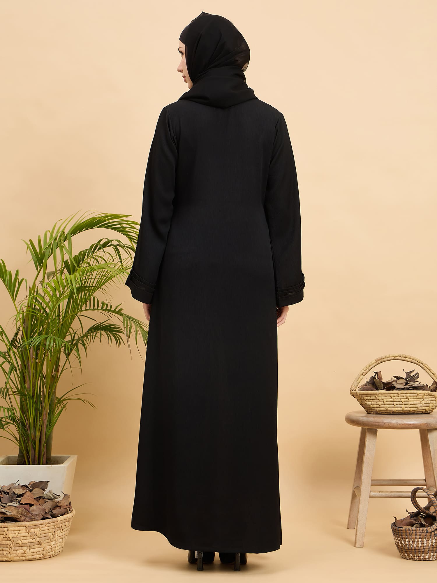Black Solid Modest Front Open Abaya Burqa with Black Georgette Hijab
