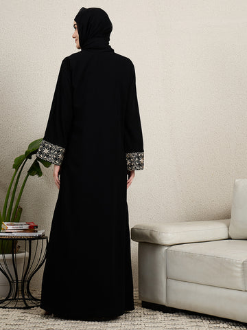 2 Piece Embroidered Black Shrug Set Abaya with Black Hijab