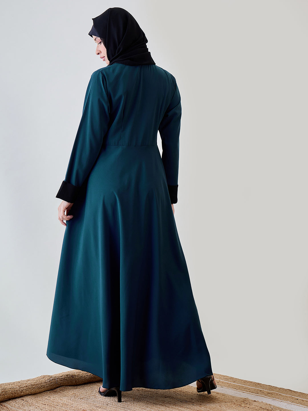 Nabia Women Teal Solid Coat Type Abaya Burqa With Black Georgette Hijab