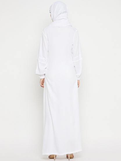 White Rayon V-Neck Solid Abaya with Black Hijab