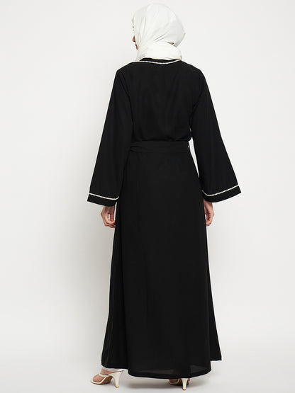 2 Piece Front Open Solid Lace Shrug Set Abaya with Black Georgette Scarf
