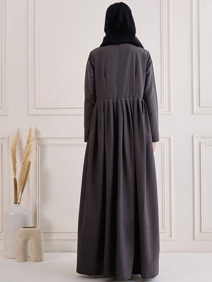 Nabia Grey Front Open Abaya with Black Georgette Hijab