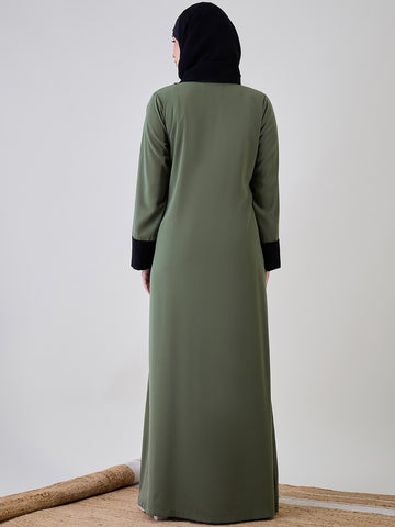Nabia Women Jade Green Solid Front Open Abaya Burqa With Black Georgette Hijab
