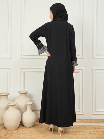 2 Piece Black and Grey Piping Detailing Shrug Set Abaya with Black Hijab for Women