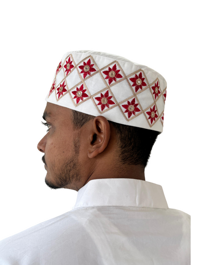 White Cotton Embroidered Kufi Cap