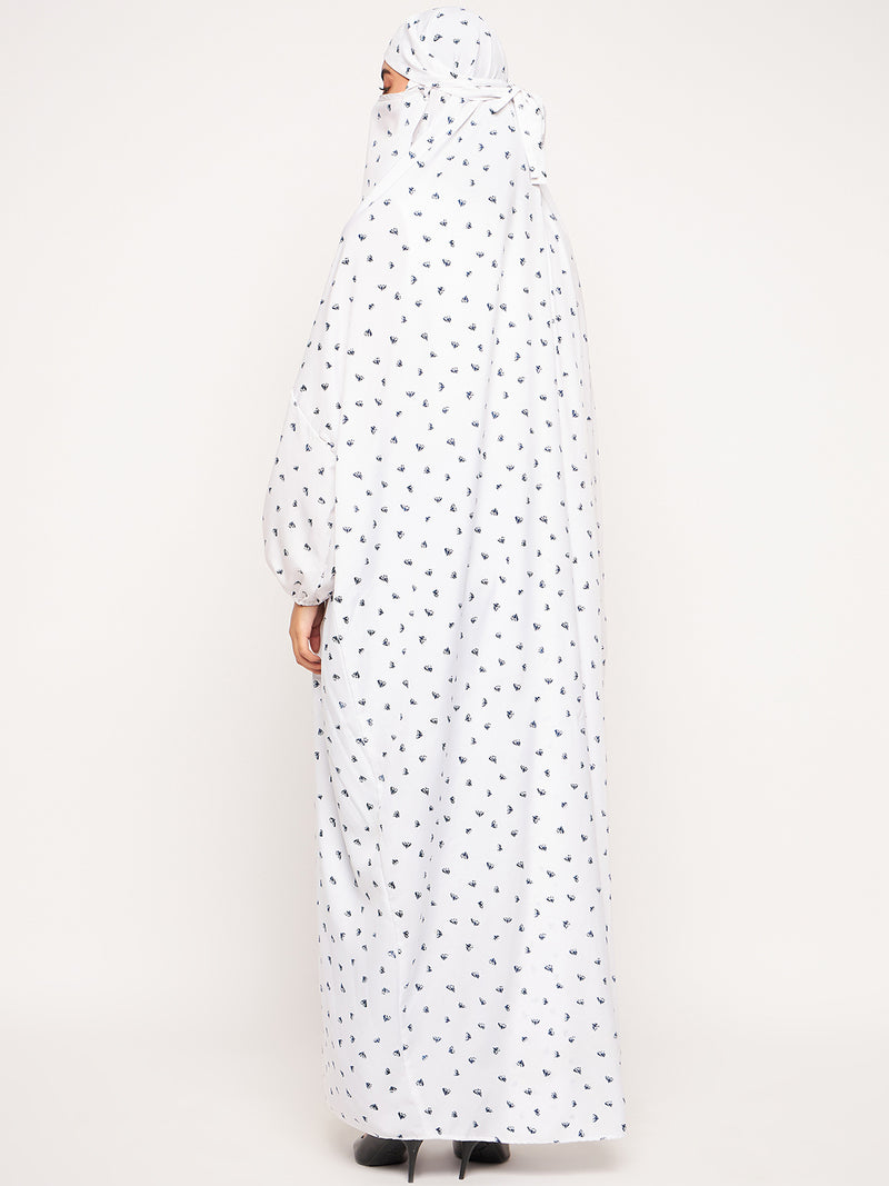 Nabia White Printed Free Size Adjustable Nosepiece Jilbab Abaya for Girls and Women