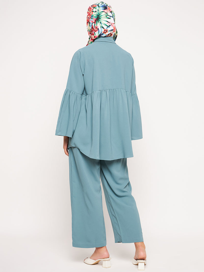 Nabia Sea Green Solid Umbrella Sleeves Co-ord Set for Women