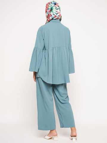 Nabia Sea Green Solid Umbrella Sleeves Co-ord Set for Women