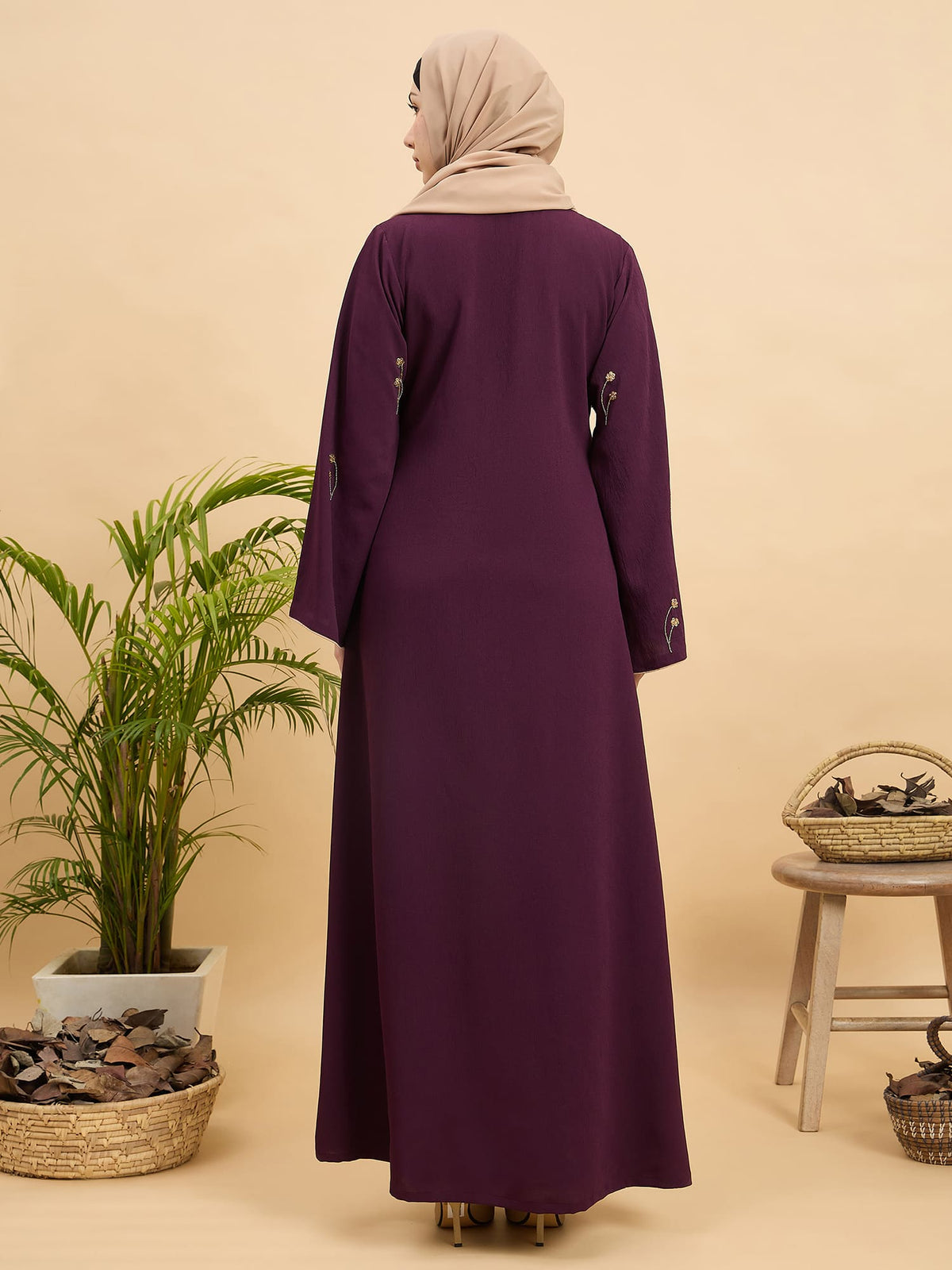 Modest Luxury Front Open Purple Abaya with Beige Hijab for Women