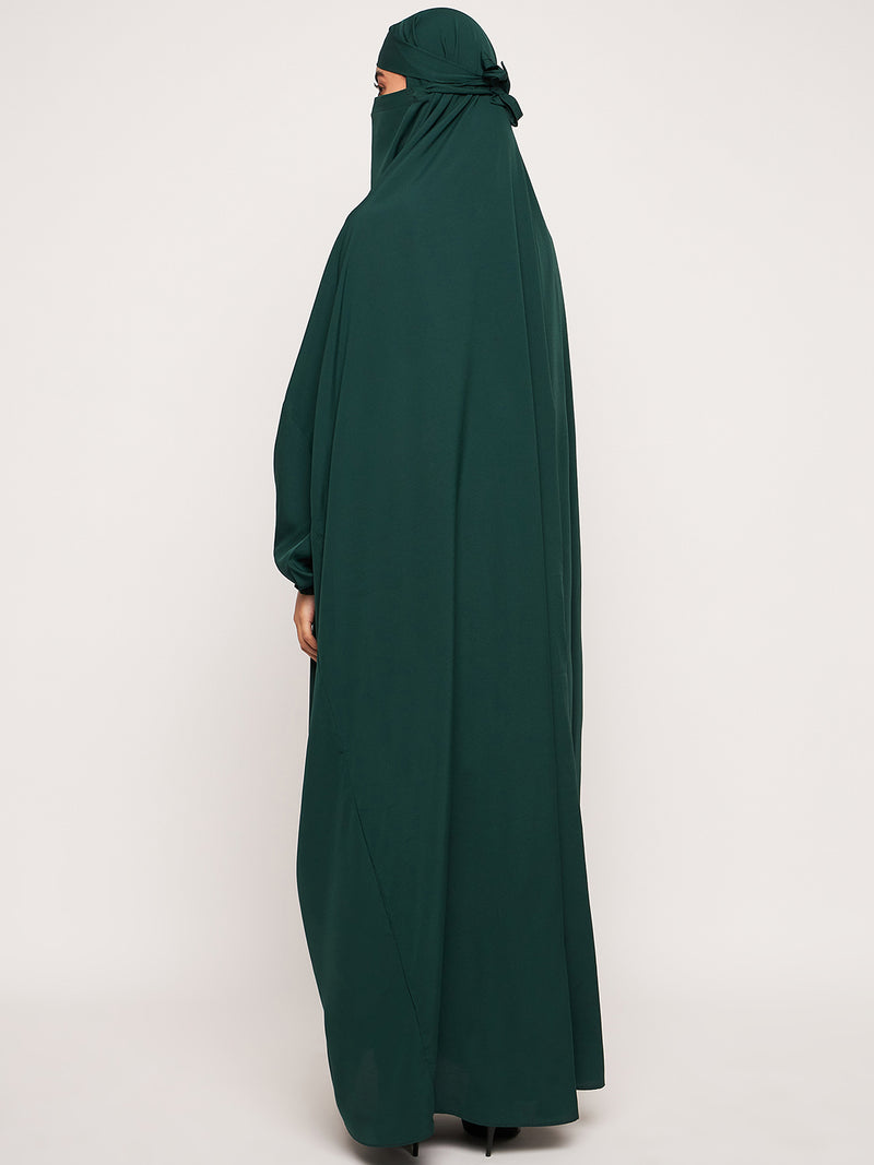 Nabia Bottle Green Solid Free Size Adjustable Nosepiece Jilbab Abaya for Girls and Women