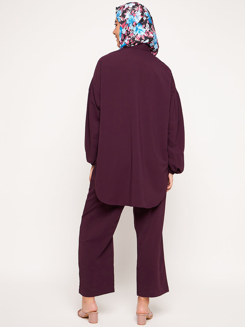 Nabia Purple Solid Puffed Sleeves Co-ord Set for Women