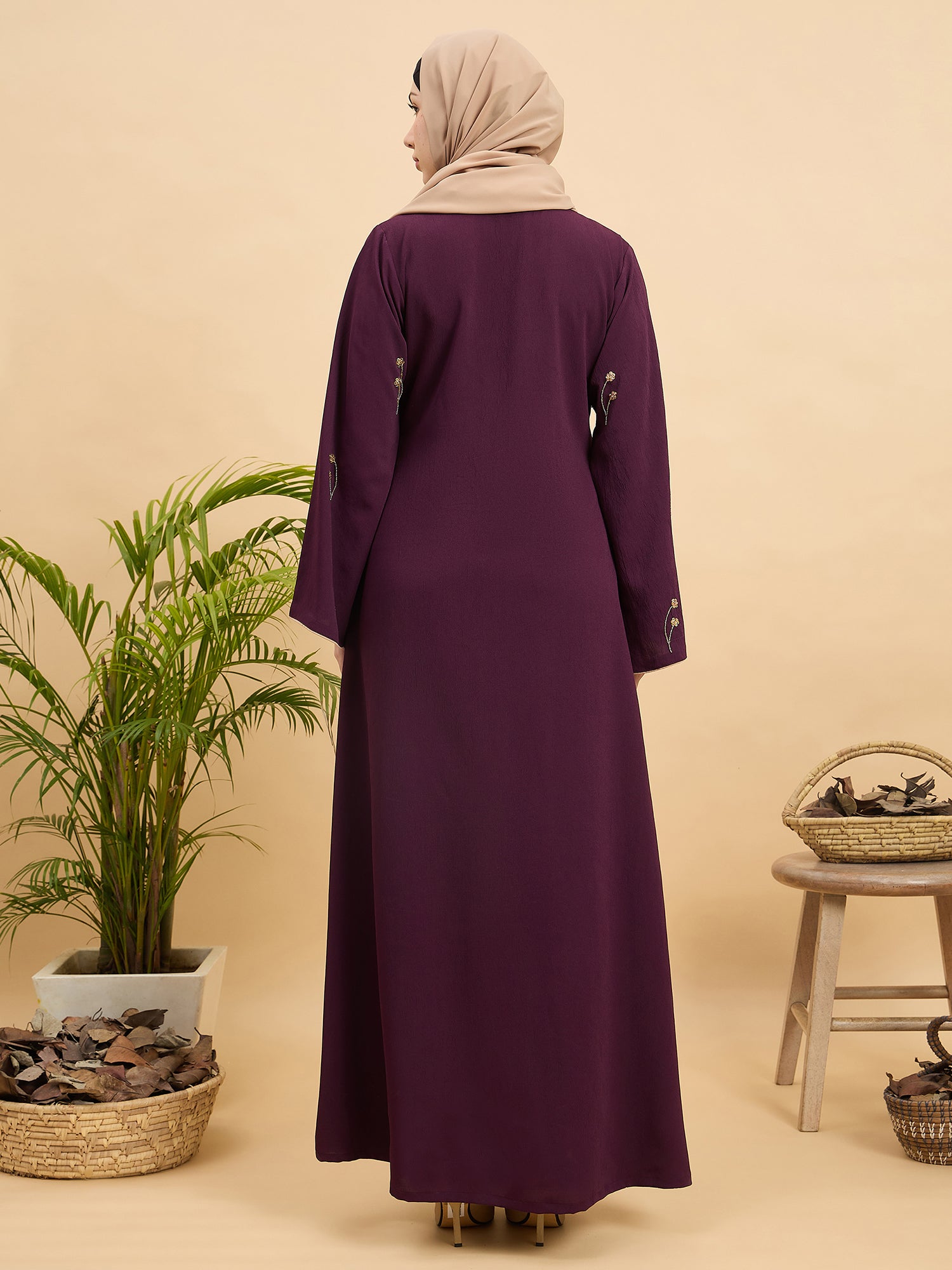Modest Luxury Front Open Purple Abaya with Beige Hijab for Women
