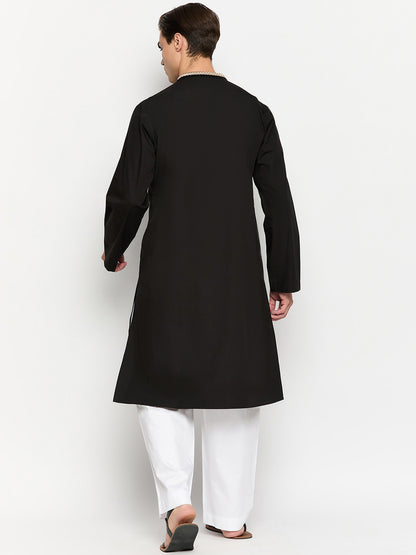 Black Solid Embroidery Details Men's Kurta Pajama Set