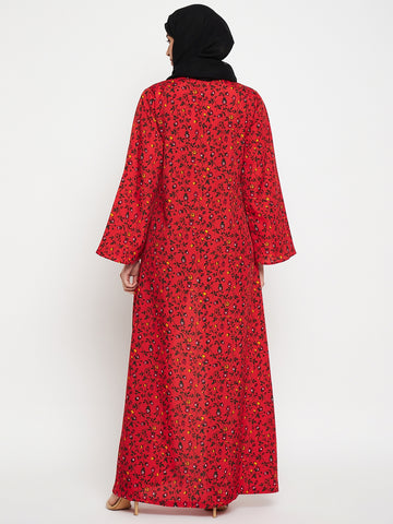 Nabia Women Red Floral Printed Front Open Shrug With Black Scarf
