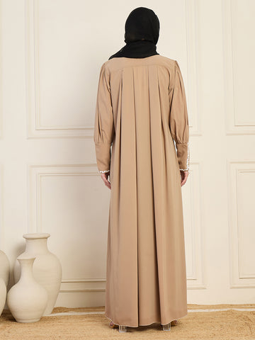 Nabia Beige Solid Luxury Handworked Abaya Burqa for Women with Black Georgette Hijab