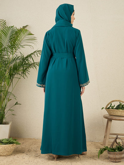 2 Piece Embroidered Green Shrug Set Abaya with Matching Hijab