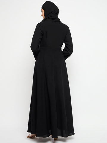 Nabia Zip-Closure Mandarin Collar Black Abaya Burqa With Black Scarf