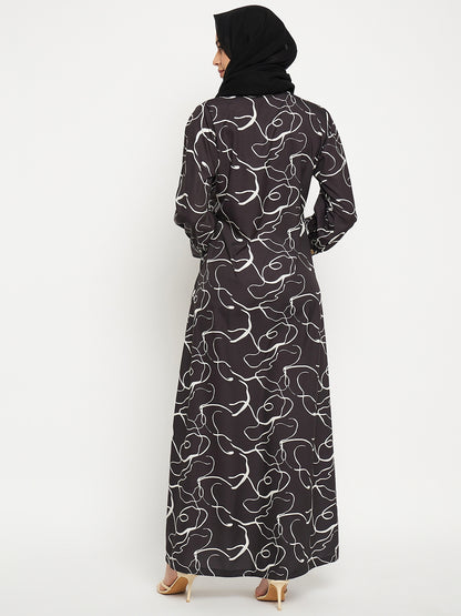 Black Front Open printed Abaya with Georgette Scarf