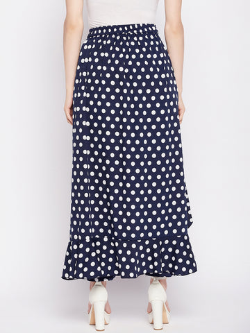 Nabia Blue Polka Printed Ruffled Flared Maxi Skirt With Attached Trousers