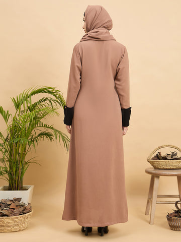 Modest Beige Front Open Coat Abaya with Matching Hijab