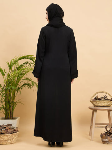 Black Solid Modest Front Open Abaya Burqa with Black Georgette Hijab