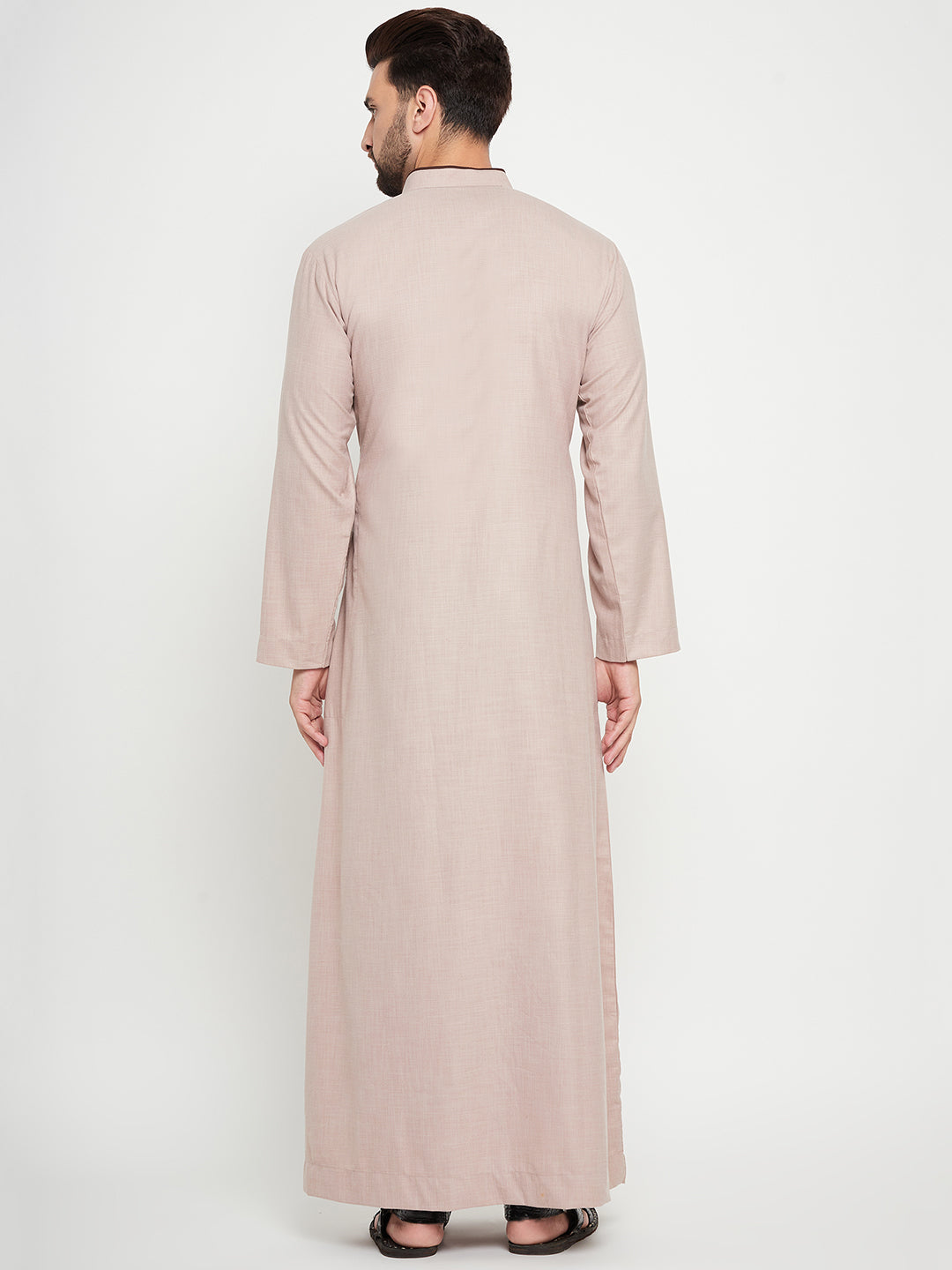 Nabia Beige Solid Mens Band Collar Thobe / Jubba with Brown Piping Design