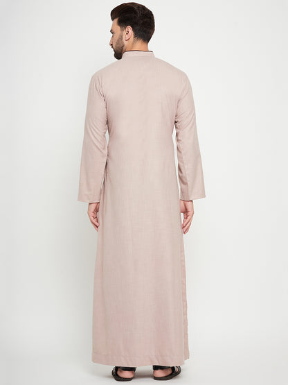 Nabia Beige Solid Mens Thobe/Jubba with Brown Piping Design