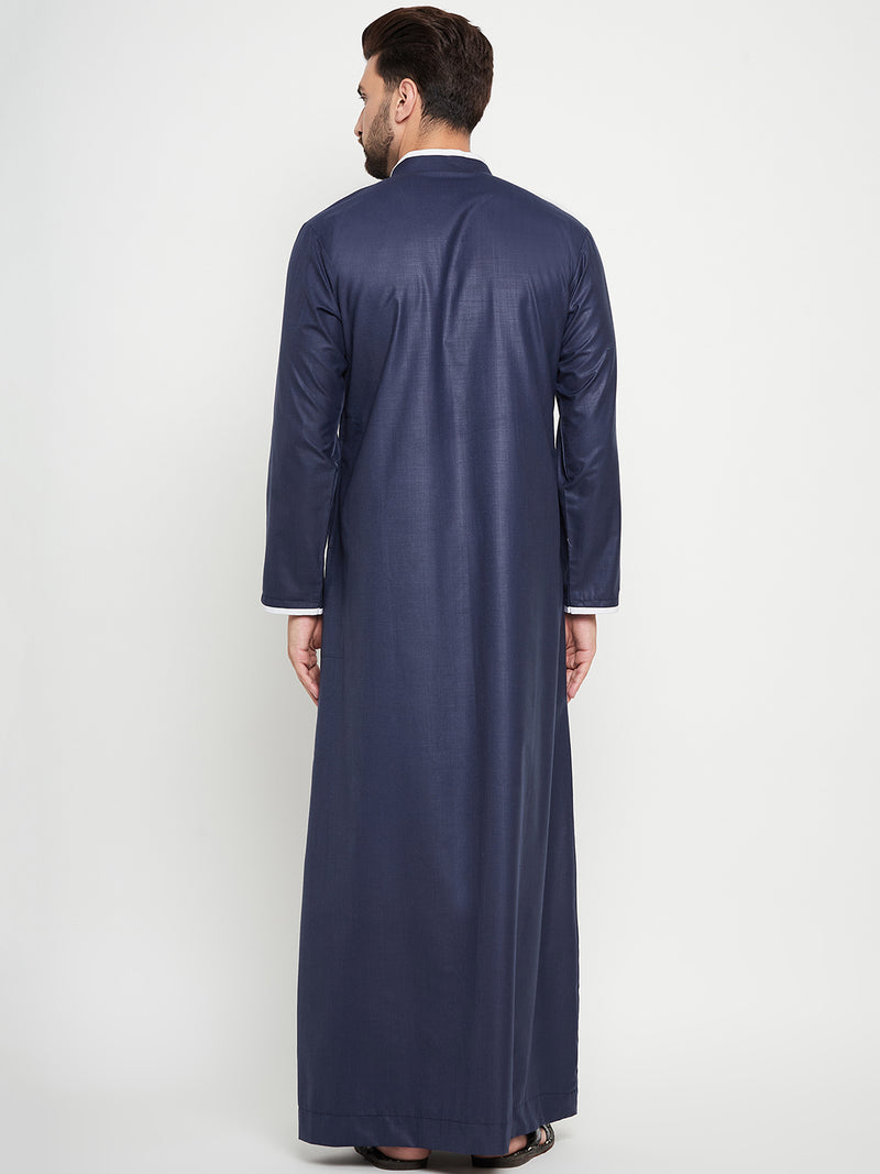Nabia Blue Solid Mens Straight Sleeves Thobe / Jubba with White Piping Design