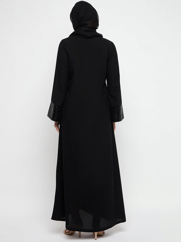 Nabia Embroidery Slip-On Closure Round Neck Black Abaya Burqa With Black Scarf
