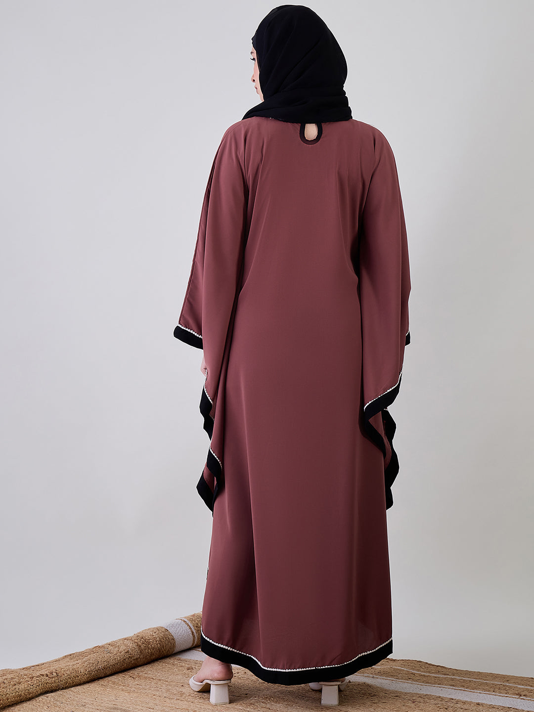 Nabia Rust Solid Loose Fit Kaftan Abaya with Black Georgette Scarf
