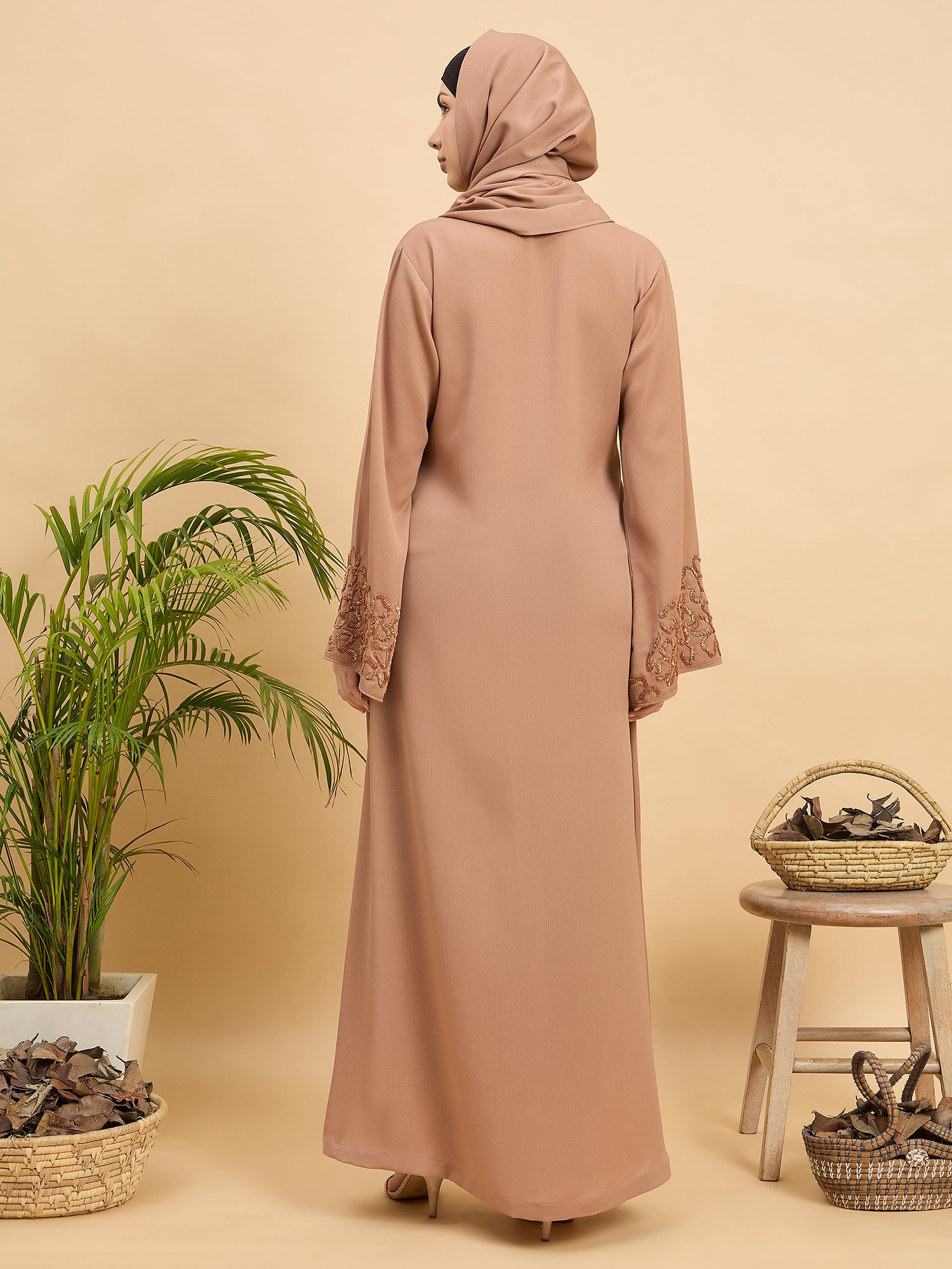 Modest Handworked Luxury Beige Abaya Burqa with Matching Hijab