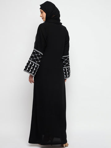 Nabia Kefiyyeh Embroidery Front Zip Closure Black Abaya Burqa With Black Scarf