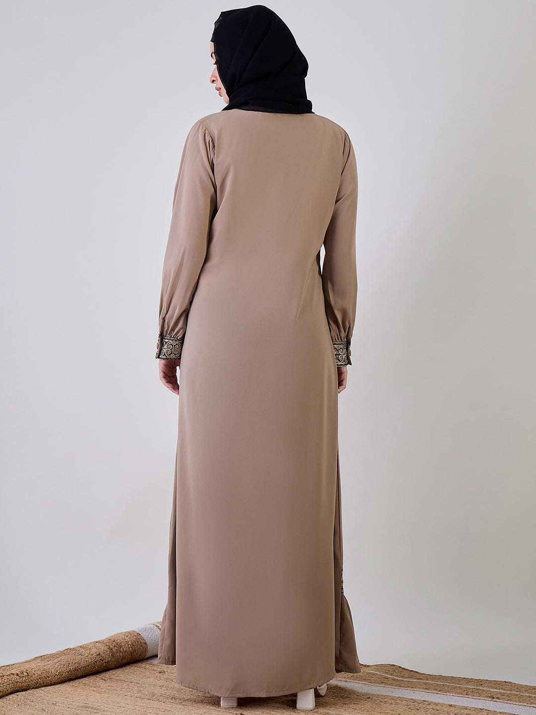 Nabia Embroidery Beige Abaya with Black Georgette Hijab