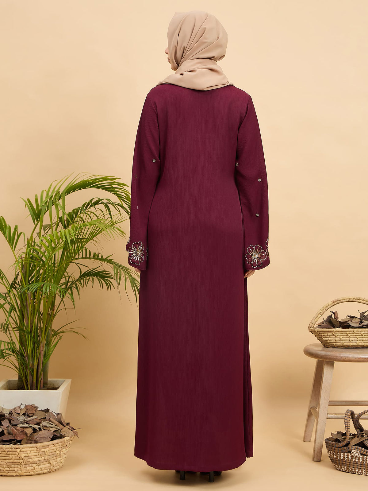 Modest Handworked Luxury Maroon Abaya Burqa with Beige Hijab