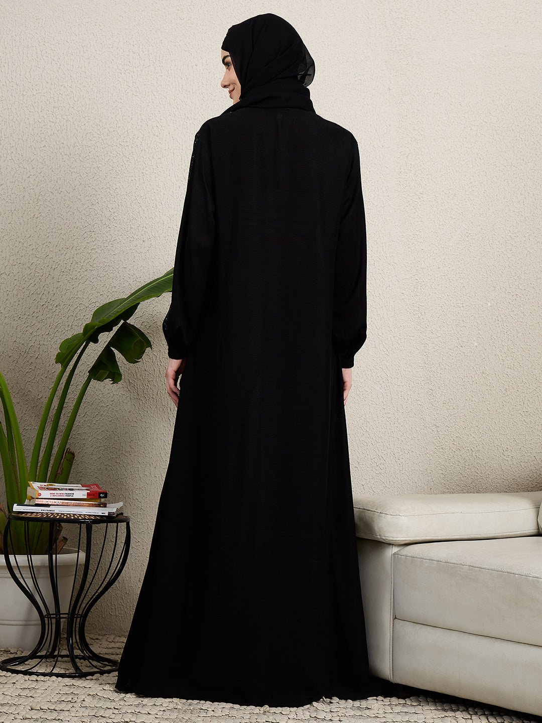 Elegant Black Embroidered Abaya for women with black hijab