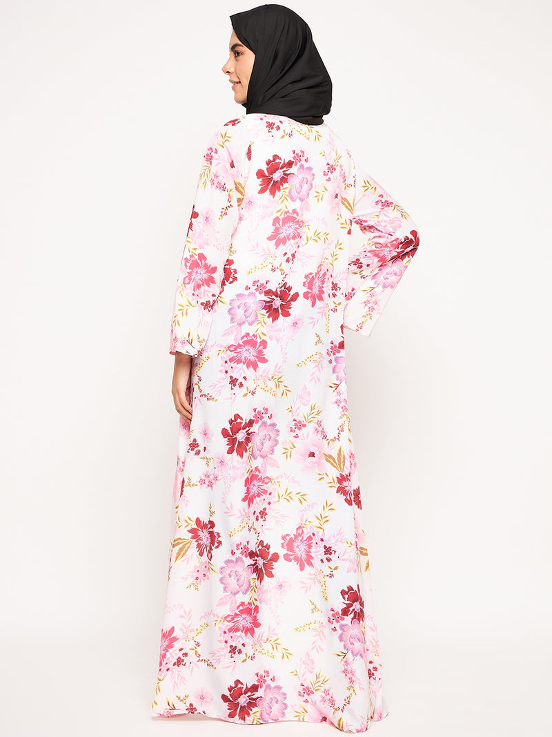 Nabia Women Multicolor Printed Front Open Shrug Abaya with Black Scarf