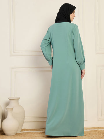 Nabia Sea Green Aline Abaya Burqa With Black Georgette Hijab