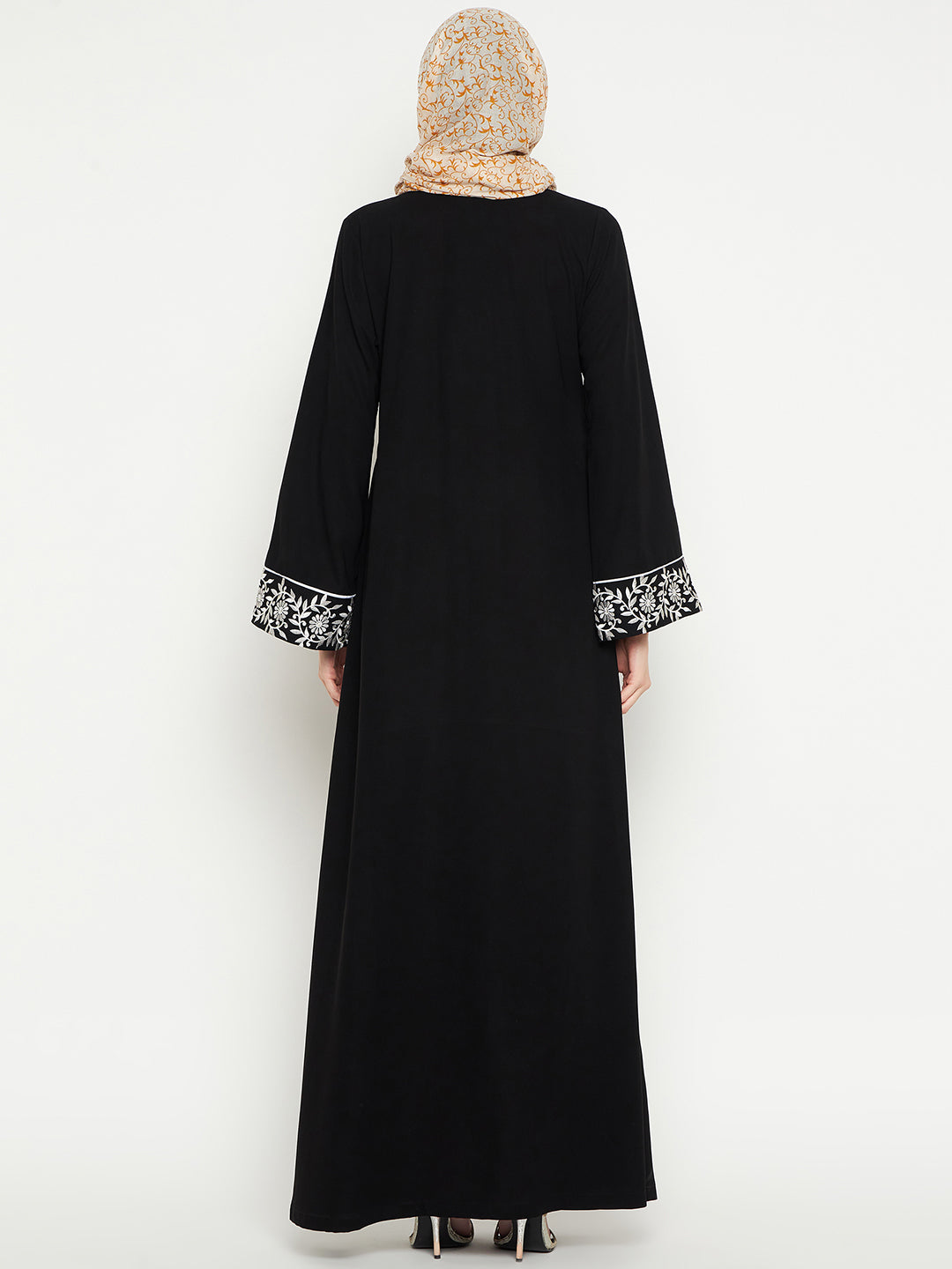 Nabia Women Embroidery Black Solid Abaya Burqa With Black Georgette Scarf