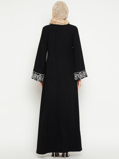 Nabia Embroidery Black Abaya Burqa for Women with Black Georgette Scarf