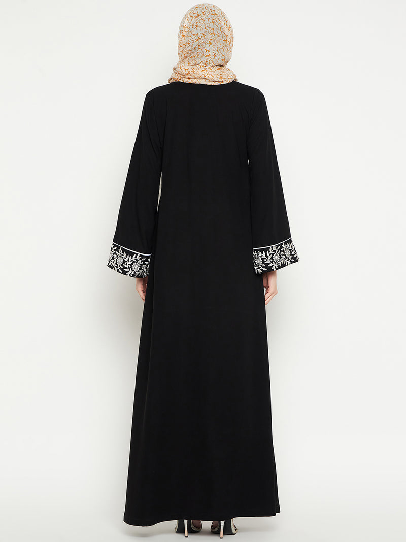 Nabia Women Embroidery Black Solid Abaya Burqa With Black Georgette Scarf